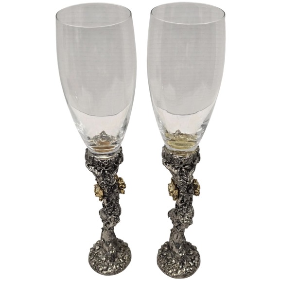 NIB Fellowship Foundry Pewter &  Glass Champagne Flutes SET OF 2 - Picture 6 of 10